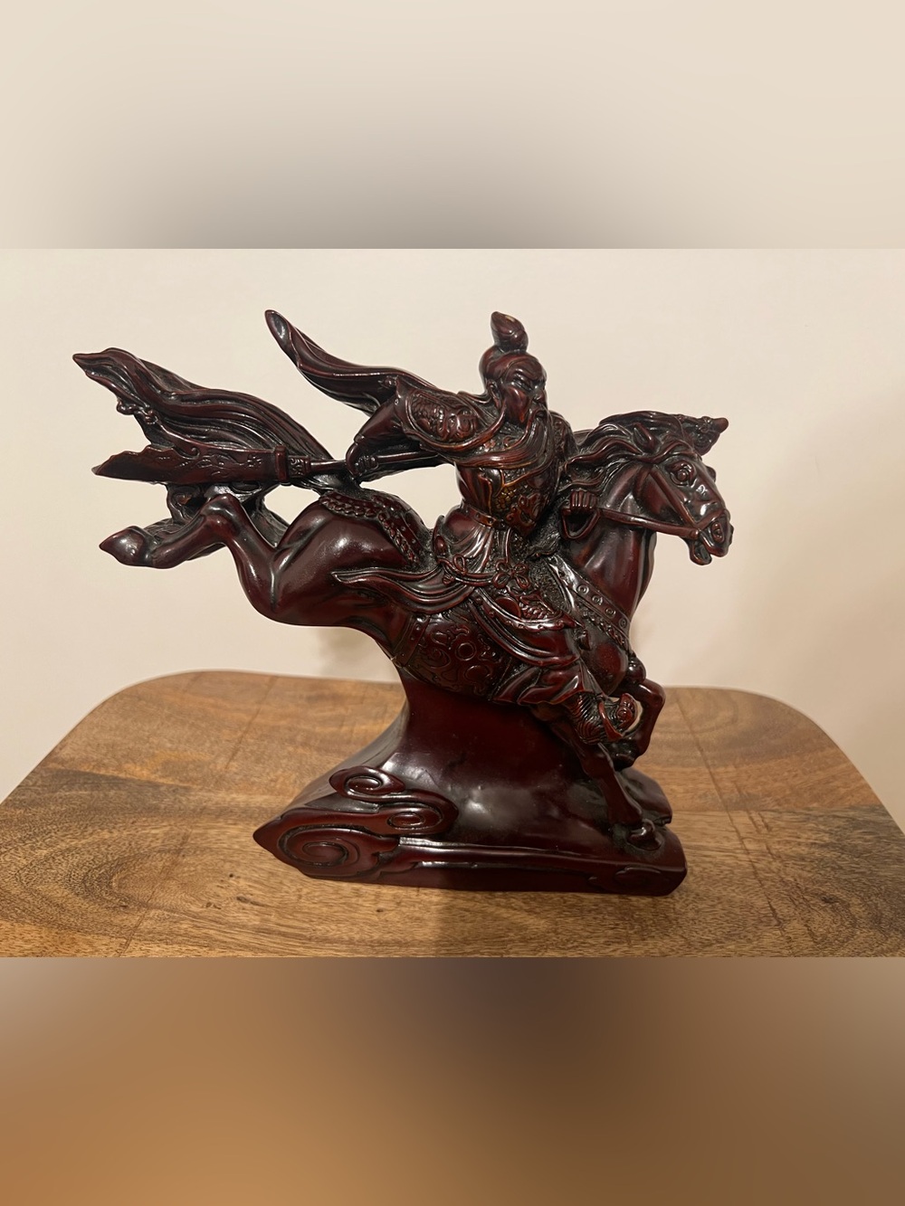 Vintage Handcrafted Warrior on Horse Resin Sculpture - Deep Mahogany